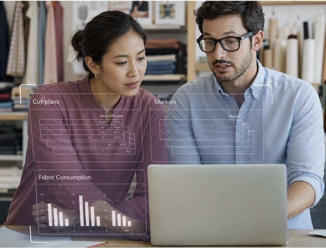 Planners reviewing cut plans and fabric consumption on a laptop